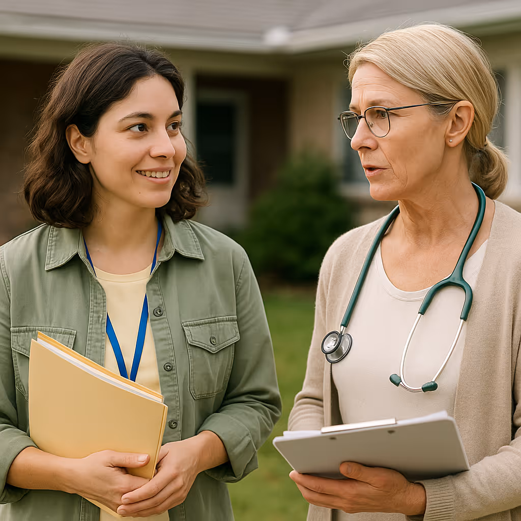 Two case workers meeting outside a home