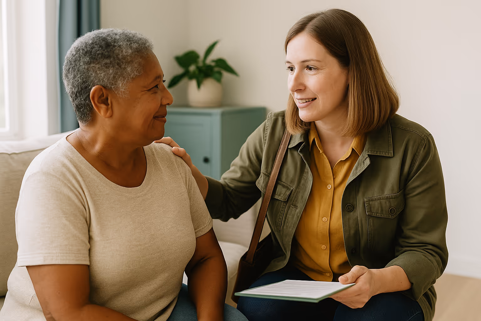 A case worker meeting with a woman in her home 
