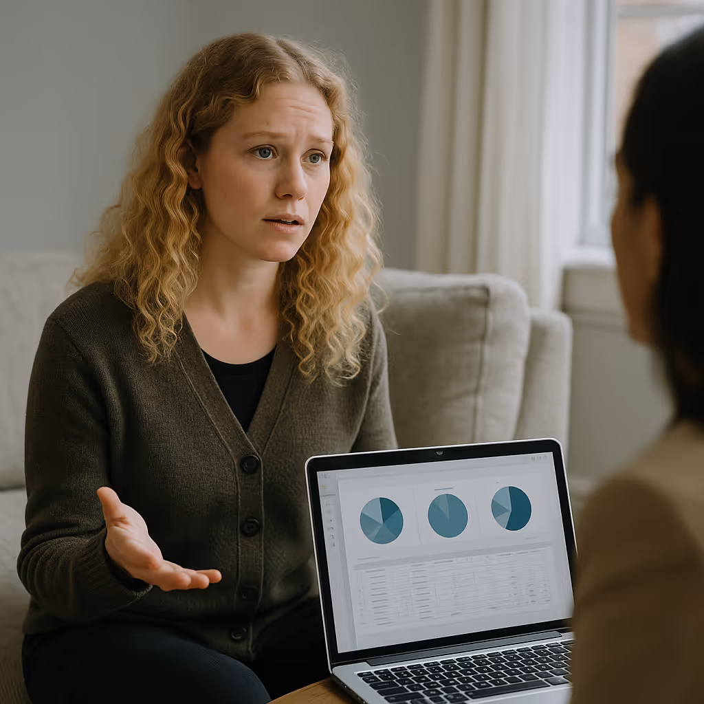 Two women meeting in a home with a laptop