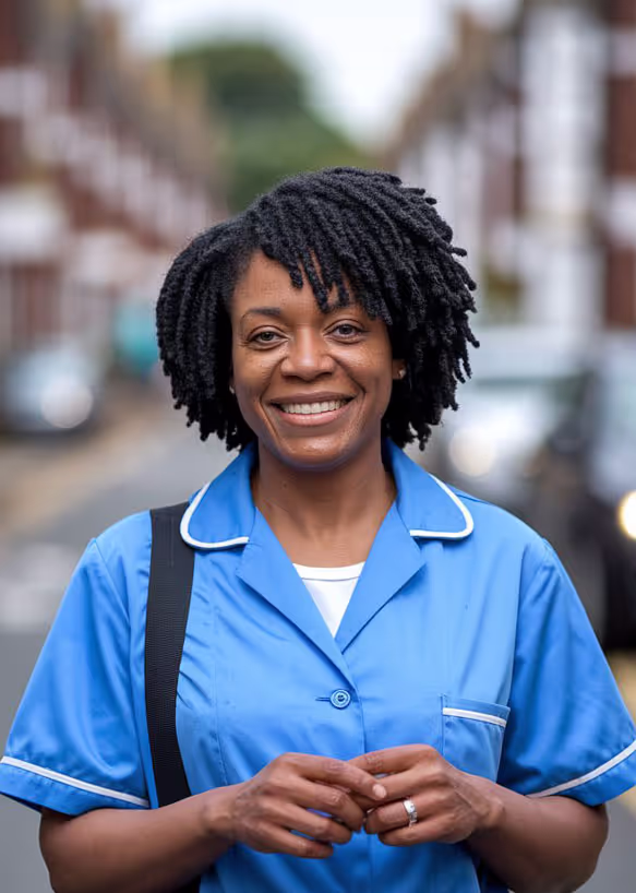 Smiling Black woman in blue nurse uniform standing on a street, with a satchel over her shoulder and a residential area blurred in the background