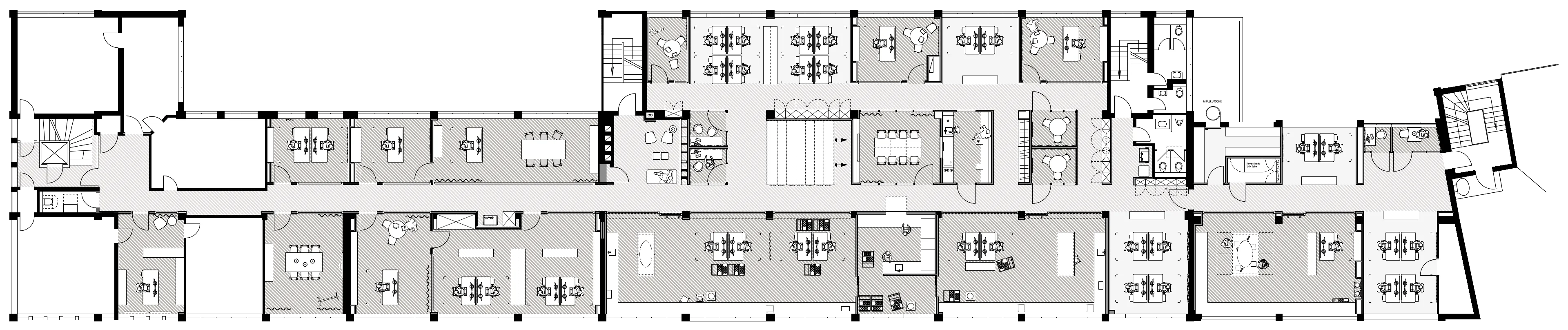 Bürogrundriss mit mehreren Arbeitsplätzen, Besprechungsräumen, Gemeinschaftsflächen und Sanitärbereichen in einem rechteckigen Layout.