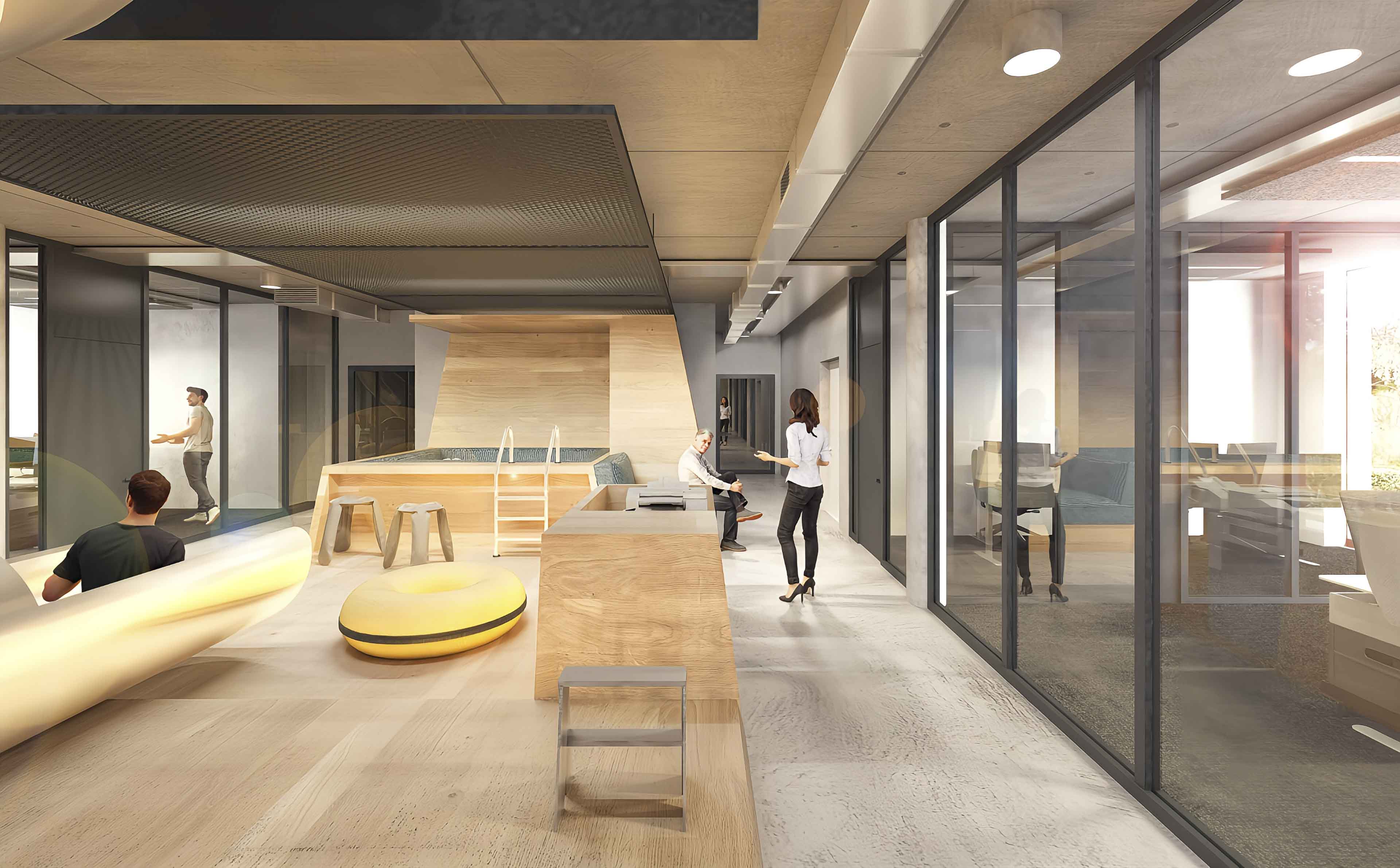 Moderne Bürofläche mit Glaswänden, einer Sitzecke, Holzdetails und mehreren Personen im Gespräch.
