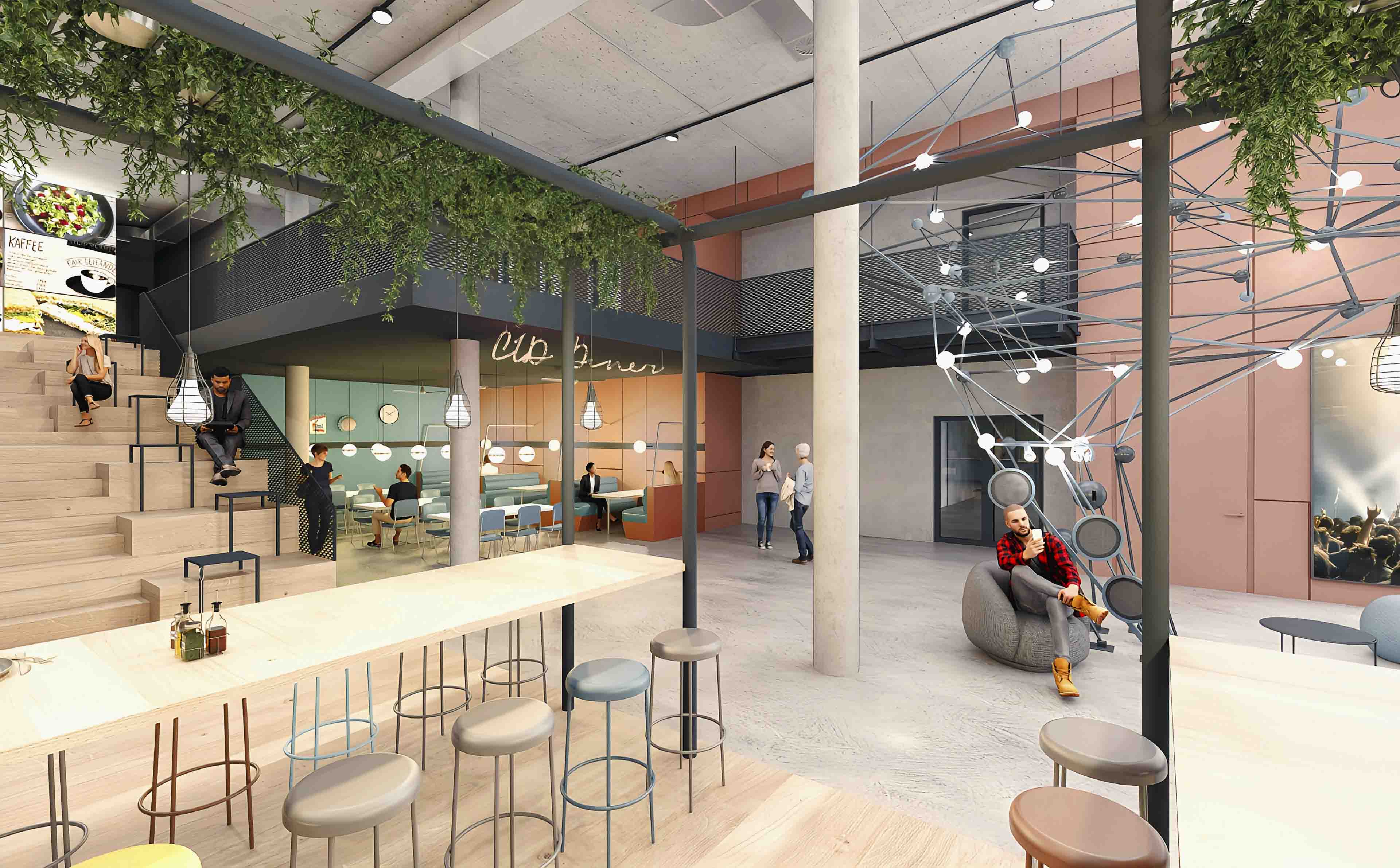 Moderne Cafeteria mit hohen Decken, Holztheken, Hockern, Sitztreppen, hängenden Pflanzen und Menschen, die sich unterhalten und entspannen.