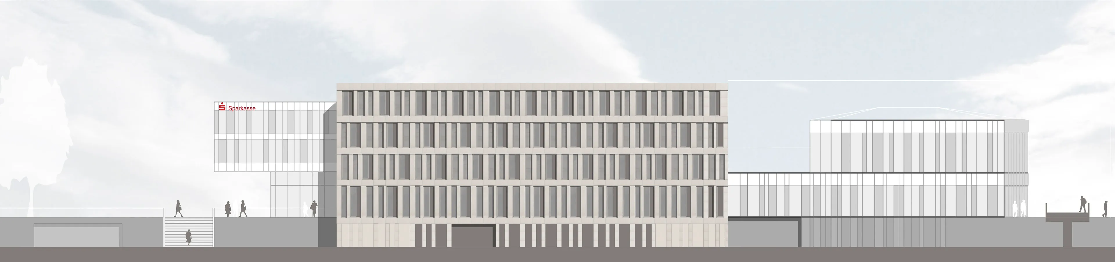 Moderne Architekturzeichnung eines Mehrgeschossigen Bürogebäudes mit transparenten Fassaden und Personen im Vordergrund.