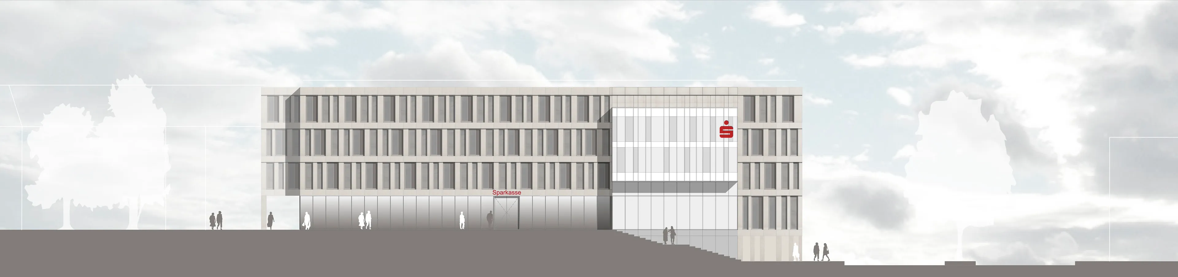Moderne Gebäudeansicht der Sparkasse mit mehreren Stockwerken, Glasfassade und rotem Sparkassen-Logo an der Fassade.