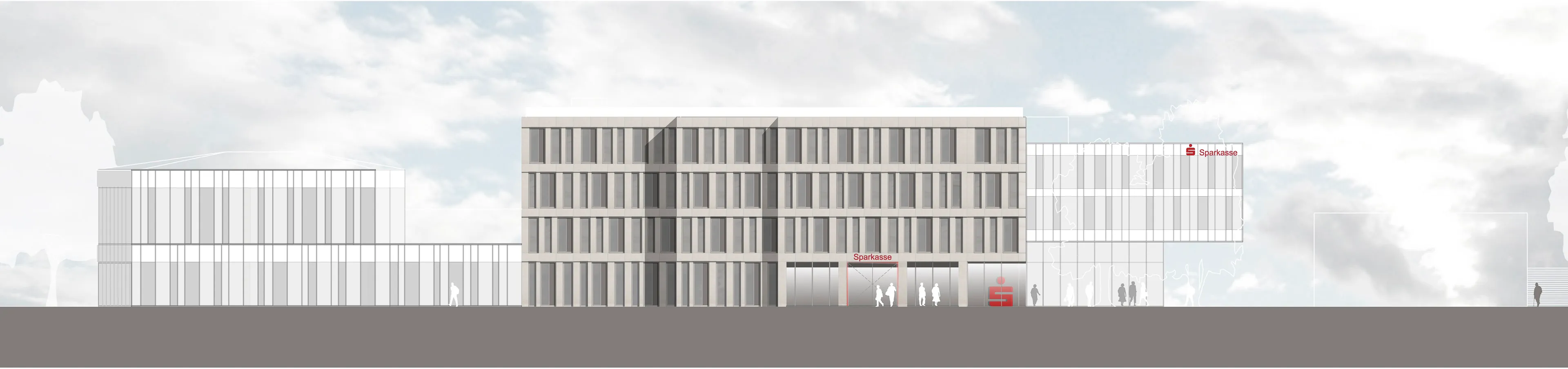 Architektonische Zeichnung eines modernen Sparkassen-Gebäudes mit Glasfassaden und mehreren Stockwerken.
