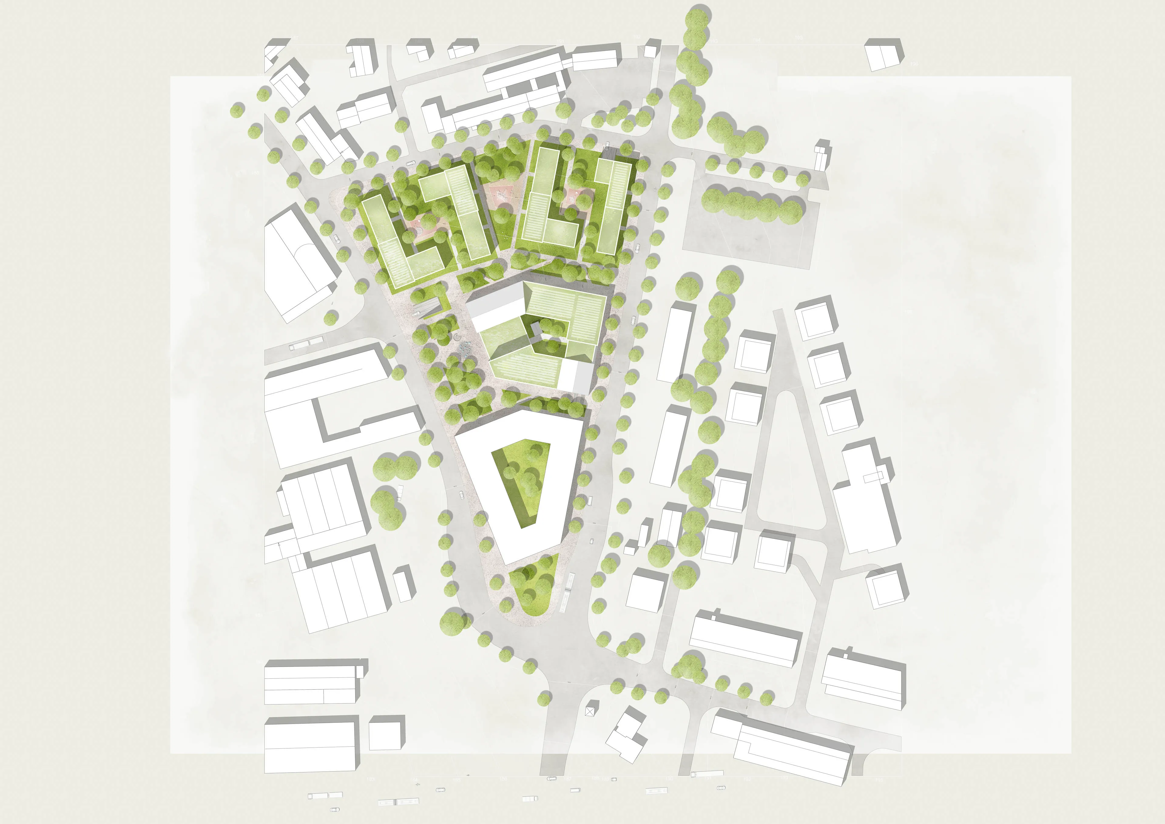 Luftbild eines städtischen Gebiets mit Gebäuden, Straßen und zahlreichen Bäumen, hervorgehoben sind mehrere grün überdachte Gebäude in der Mitte.