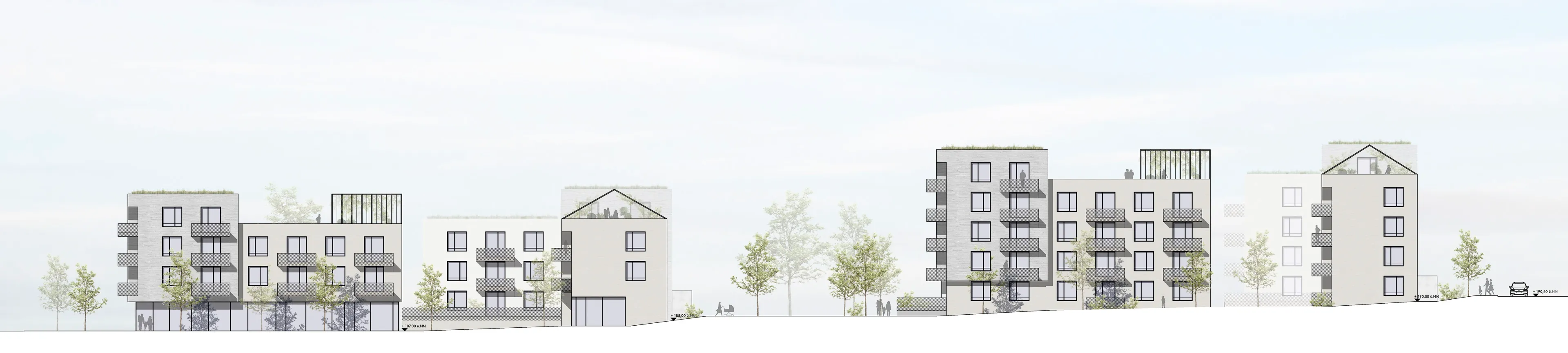 Architekturzeichnung einer modernen Wohnsiedlung mit mehreren vier- bis fünfgeschossigen Gebäuden, Balkonen, begrünten Dächern und vereinzelten Bäumen im Vordergrund.