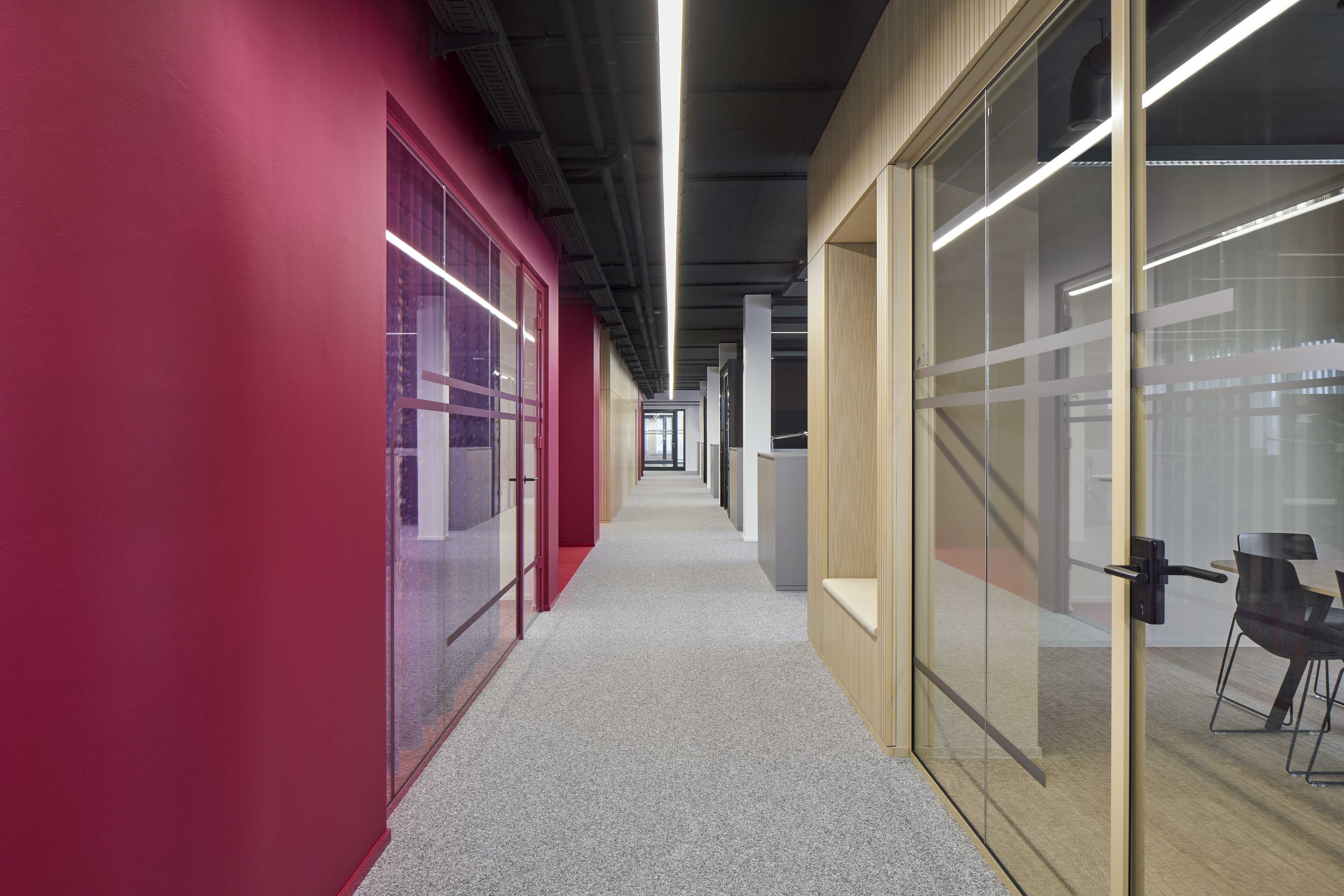 Moderner Büroflur mit roten und holzverkleideten Wänden sowie Glastüren zu Besprechungsräumen.