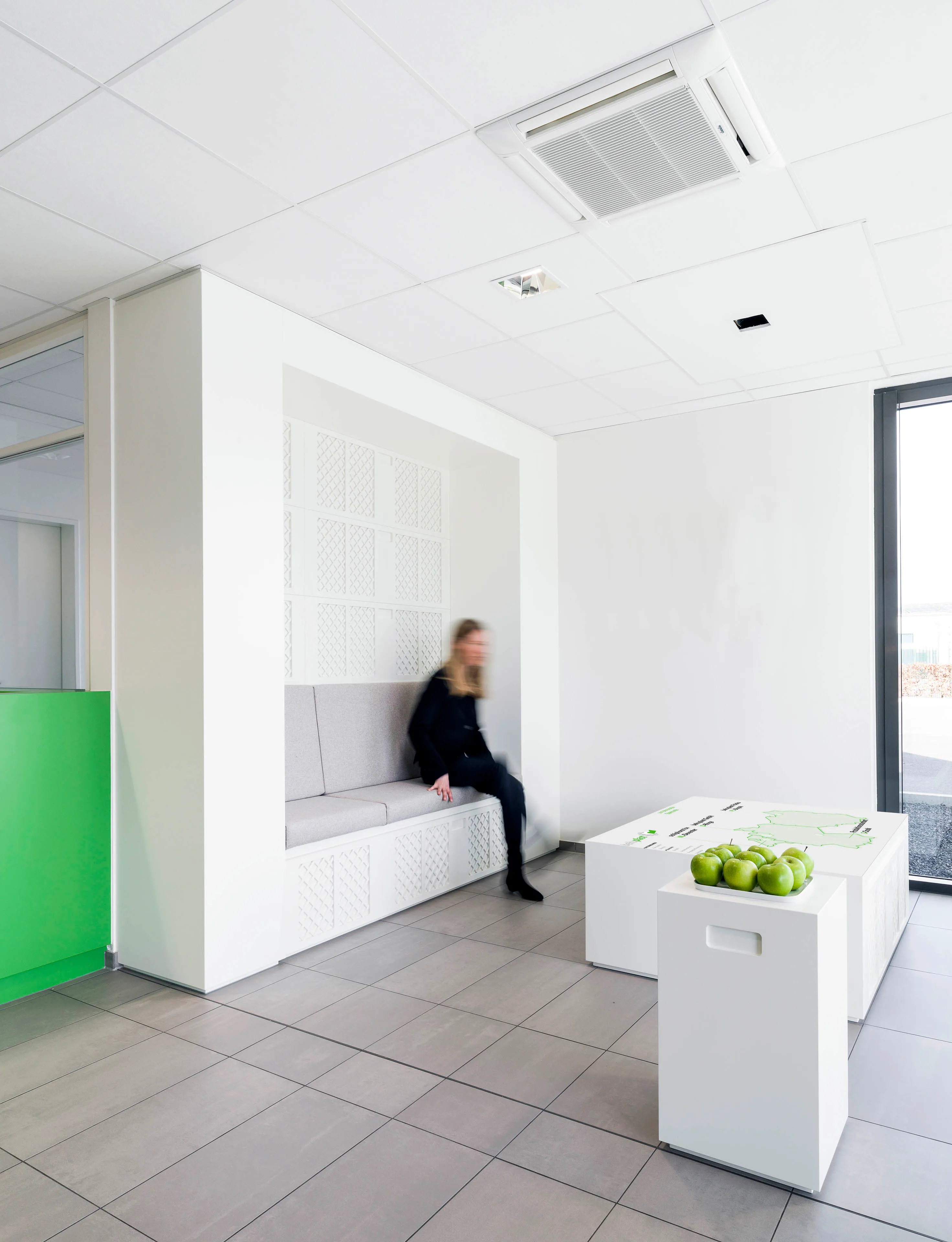 Helle moderne Sitznische mit weißem Blumenmuster, grauem Kissen und einem weißen Tisch mit grünen Äpfeln und Markierungen darauf, neben großem Fenster.