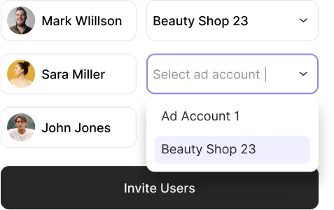 Team access table showing Mark Willson assigned to Beauty Shop 23, Sara Miller and John Jones with an account selection dropdown open showing Ad Account 1 and Beauty Shop 23, with an invite users button