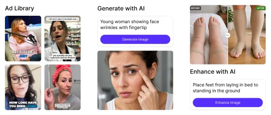 Creative library panel showing existing ad creatives alongside AI-generated and AI-enhanced image variations ready to use in new campaigns