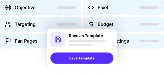 Campaign setup template showing objective, targeting, fan pages, pixel, budget, and settings fields, with an option to save as a reusable template