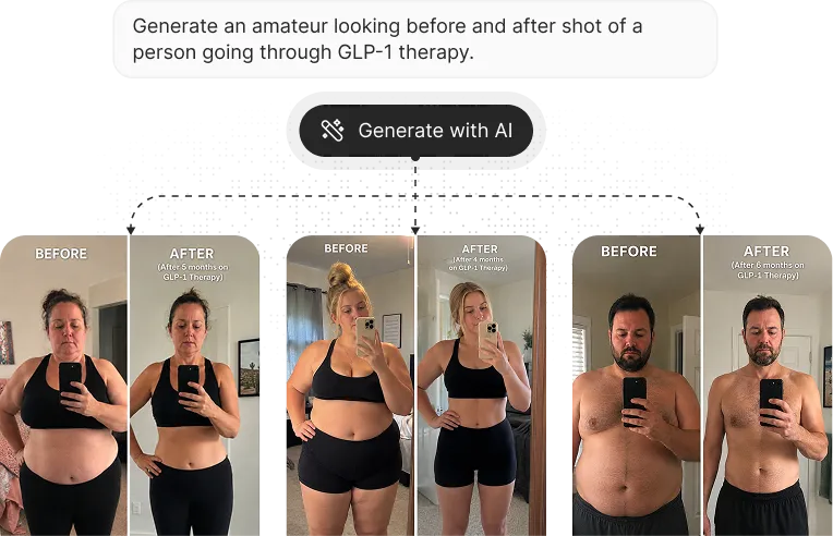 AI image generation interface creating before and after images for a weight loss offer, with a generate with AI button and four resulting ad images of people showing body transformation results
