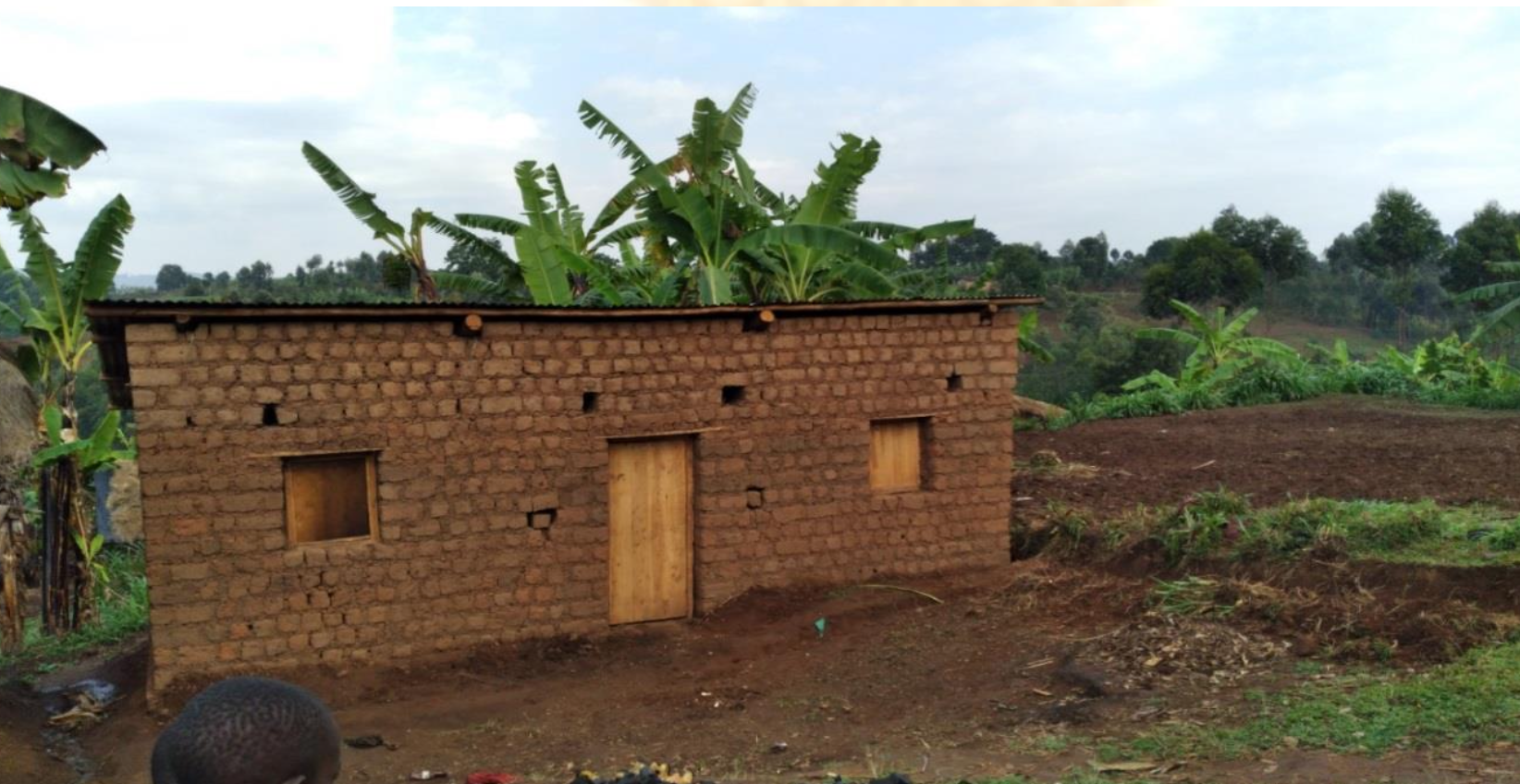 Small mud brick house with three wooden window openings and a door, surrounded by banana plants and greenery.