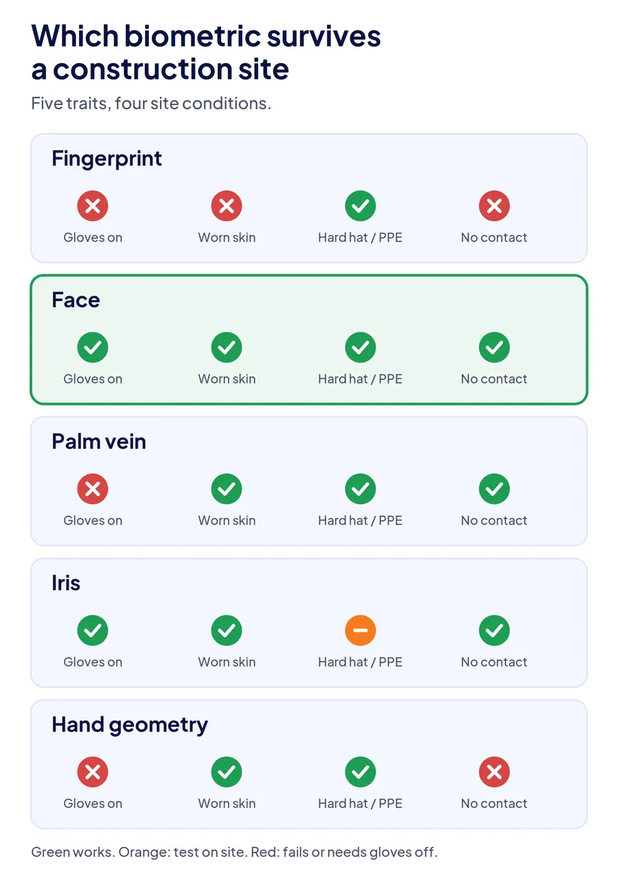 Matrix comparing fingerprint, face, palm vein, iris, and hand geometry time clocks against gloves, worn skin, hard hats, and contact on construction sites.