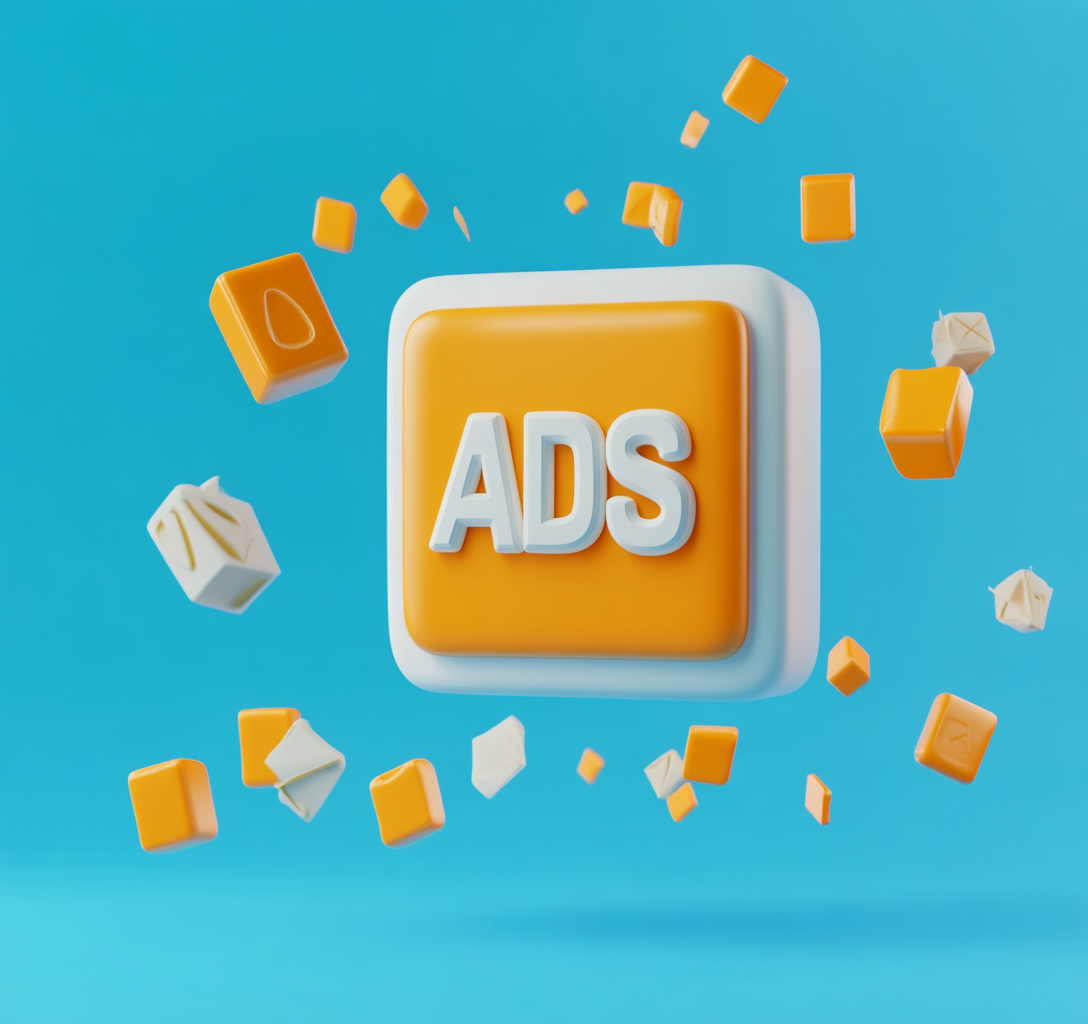 Eine 3D-Grafik mit einem auffälligen gelben Symbol, das "ADS" zeigt, vor einem blauen Hintergrund. Die Grafik symbolisiert den Bereich Social Media Marketing und digitale Werbeanzeigen, die durch kreative und effektive Kampagnen Sichtbarkeit und Reichweite steigern. Dies steht für die Expertise der Werbezauberer aus dem Rhein-Erft-Kreis, Köln, in der Optimierung von Social Ads und Influencer-Marketing-Kampagnen zur Umsatzsteigerung und Markenbekanntheit.