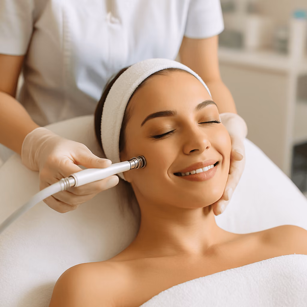 A happy woman receiving facial treatment in a modern medspa clinic.
