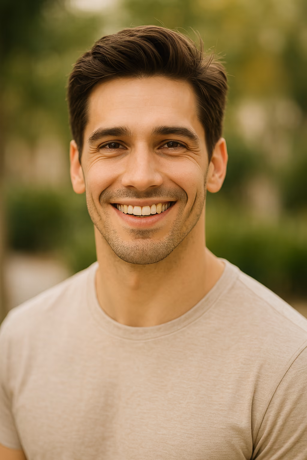 Smiling man with clear, healthy skin outdoors representing wellness and aesthetic confidence for Medspa SEO and digital marketing content.