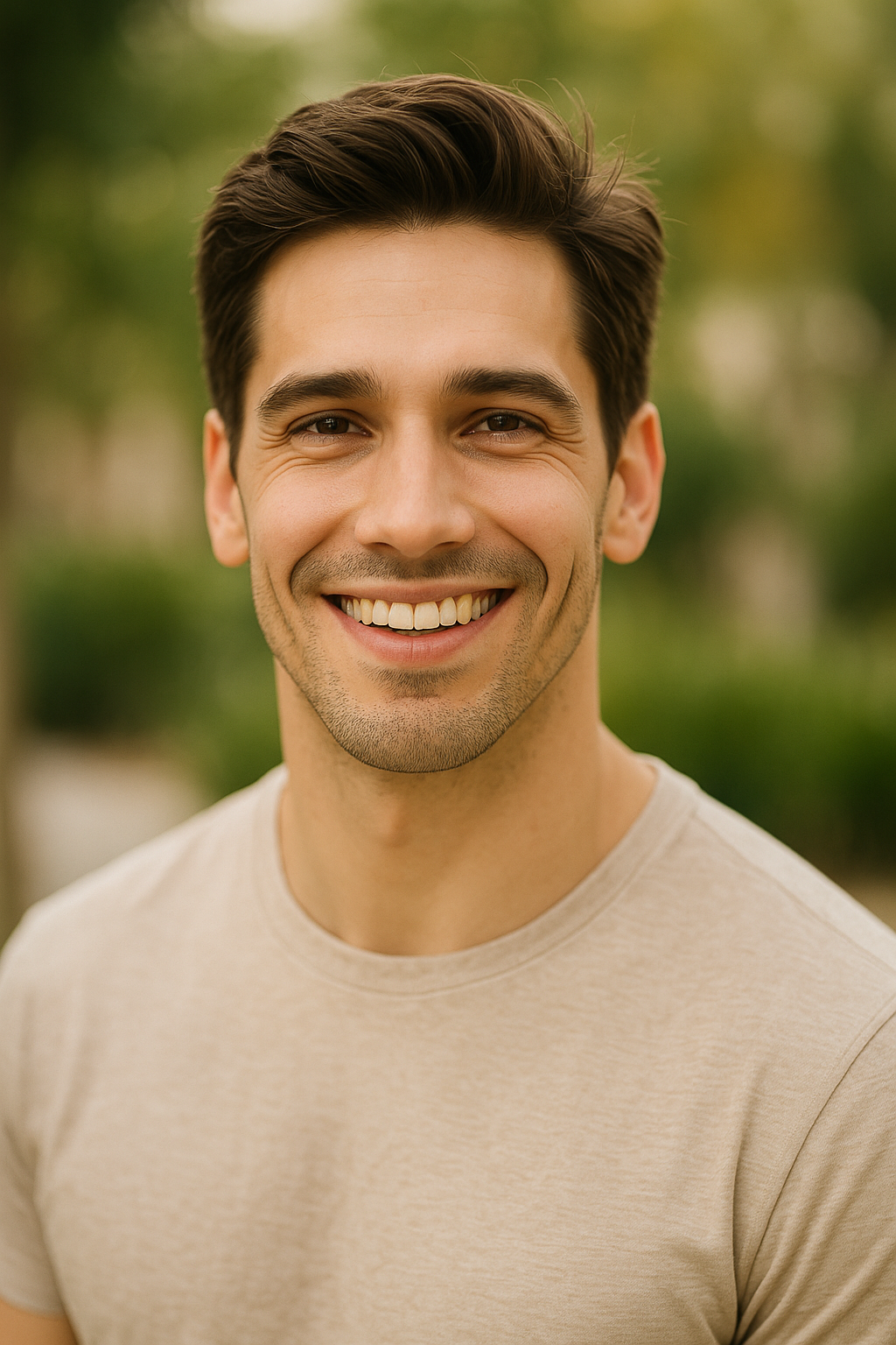 Smiling man with clear, healthy skin outdoors representing wellness and aesthetic confidence for Medspa SEO and digital marketing content.