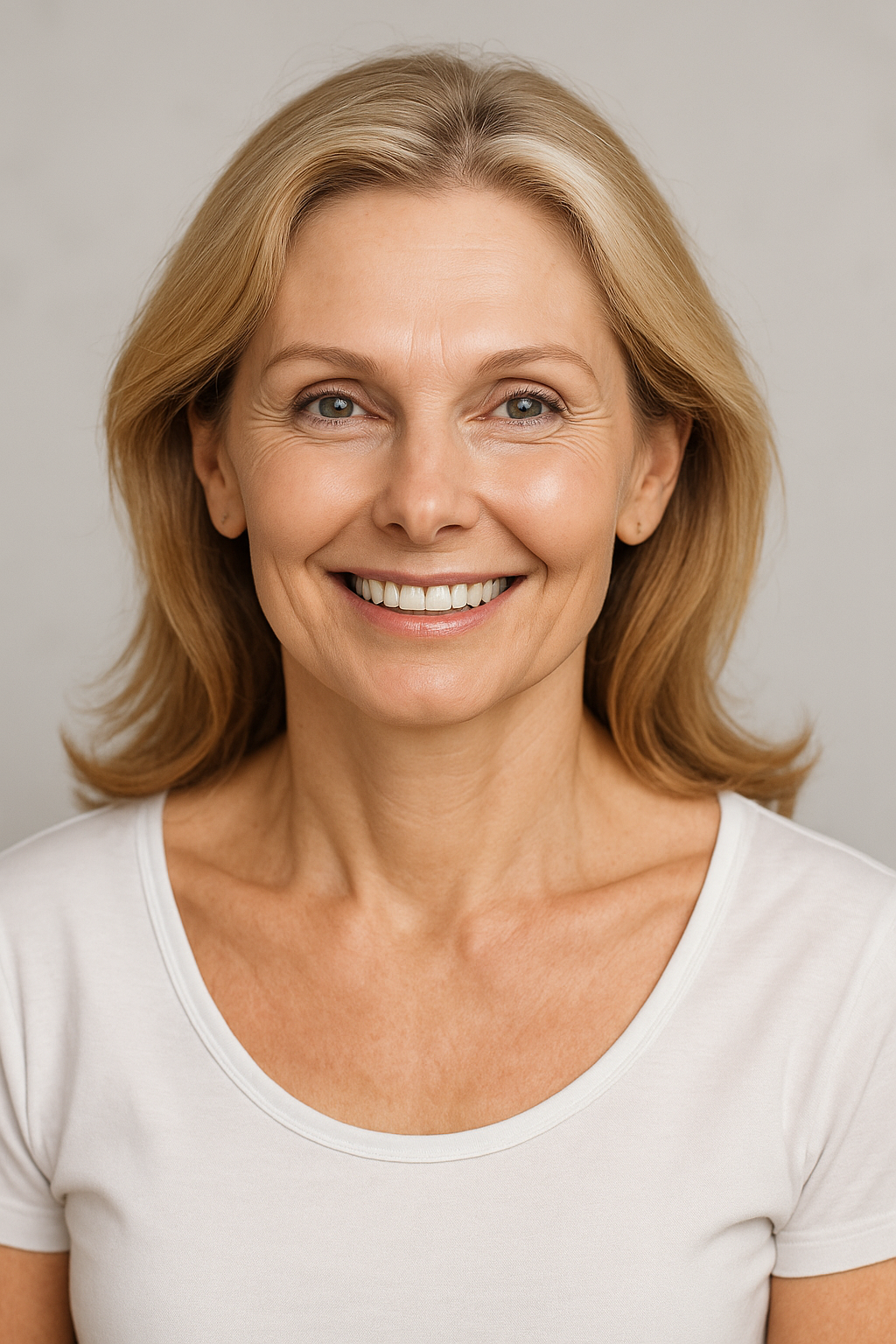 A confident, happy adult in a modern wellness medspa setting, representing rejuvenation and aesthetic treatments like microneedling in Iowa.