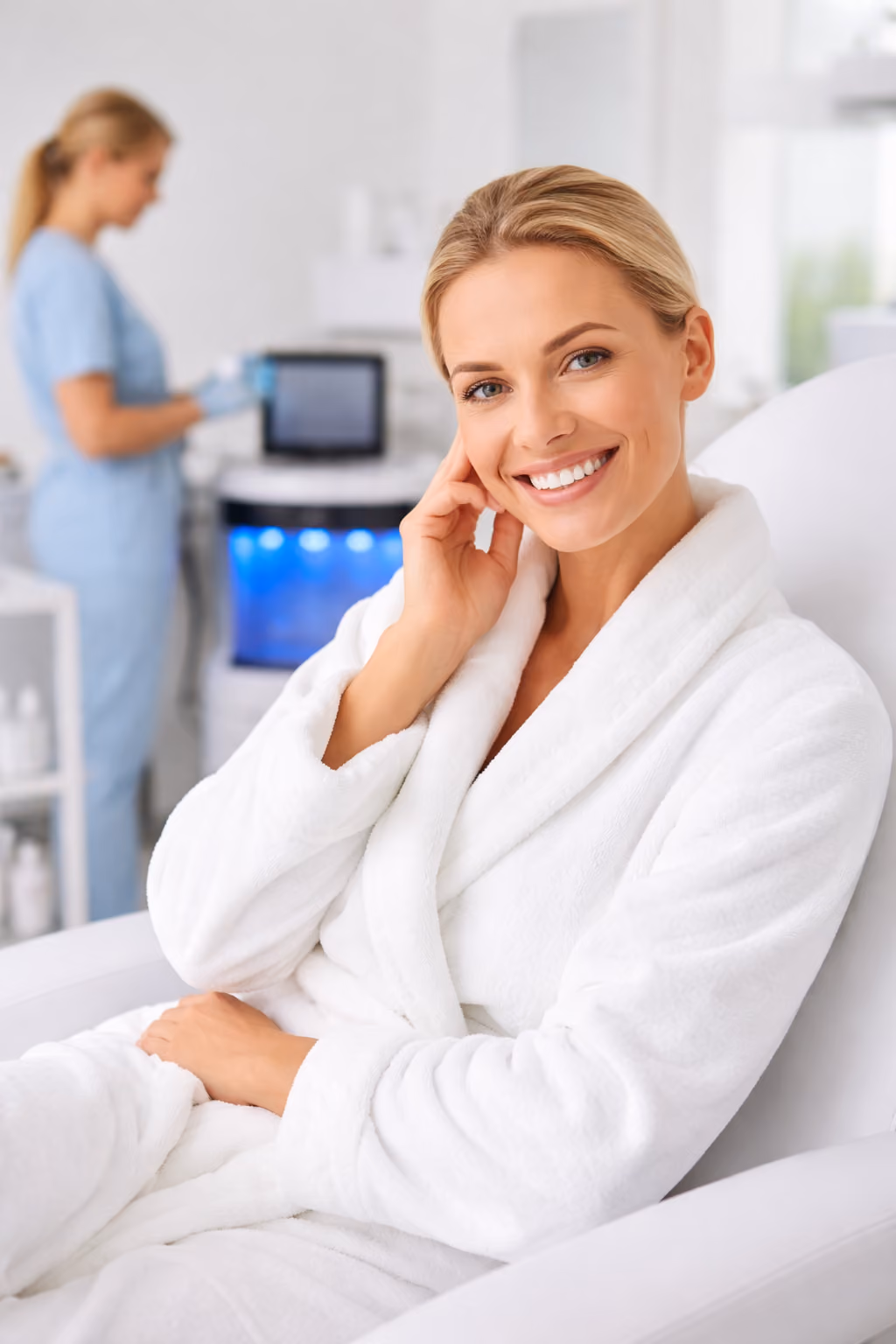 Happy woman relaxing in a modern medspa after skincare treatment, representing wellness and Hydrafacial services.