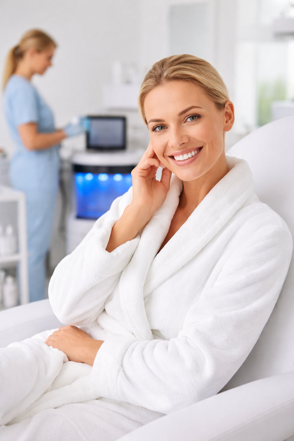 Happy woman relaxing in a modern medspa after skincare treatment, representing wellness and Hydrafacial services.