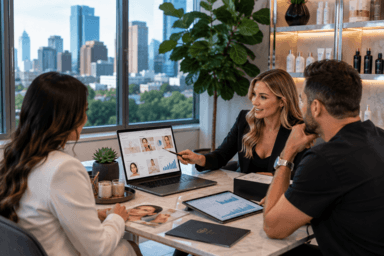 Aesthetic clinic owner in Houston, Texas reviewing medspa marketing results on a laptop