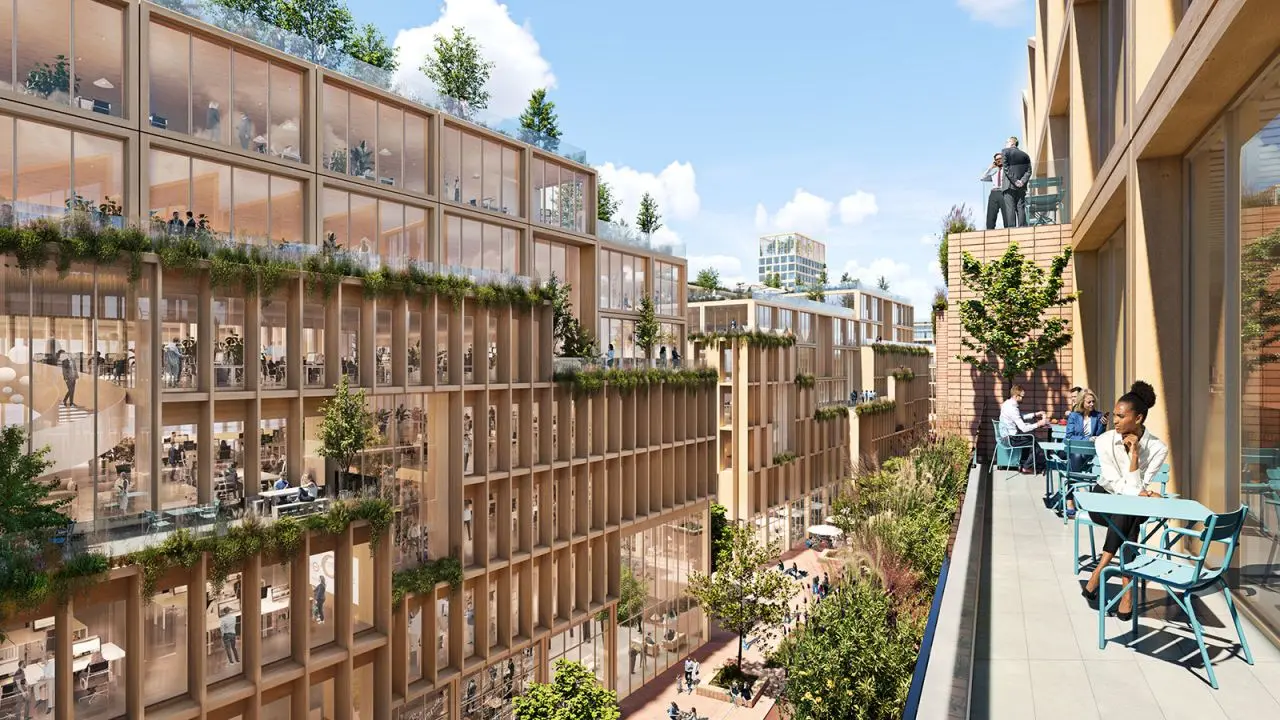 Impressie van een houten nieuwbouwwijk in Zweden
