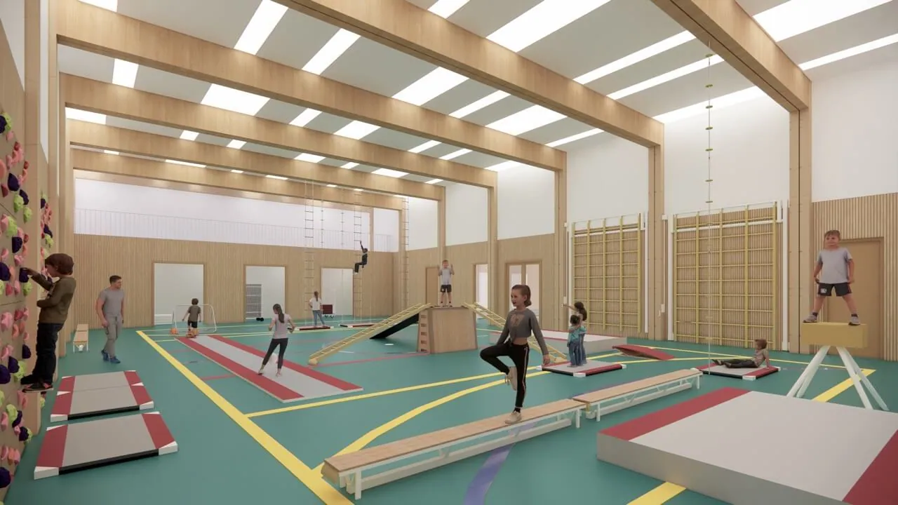 Impressie van het gymnastieklokaal in de modulaire en duurzame school