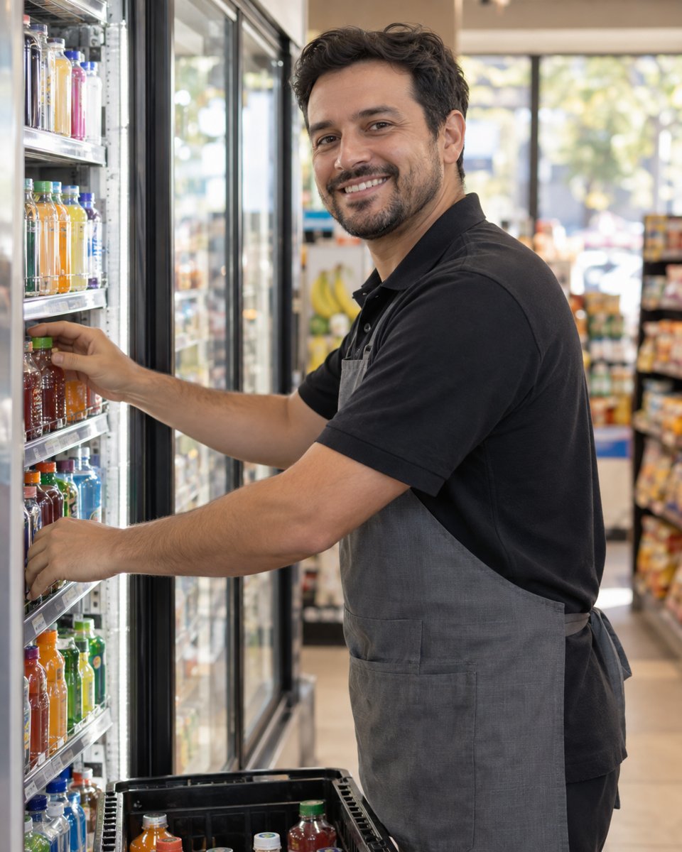 Empleado de una tienda de conveniencia llenando un refrigerador de bebidas