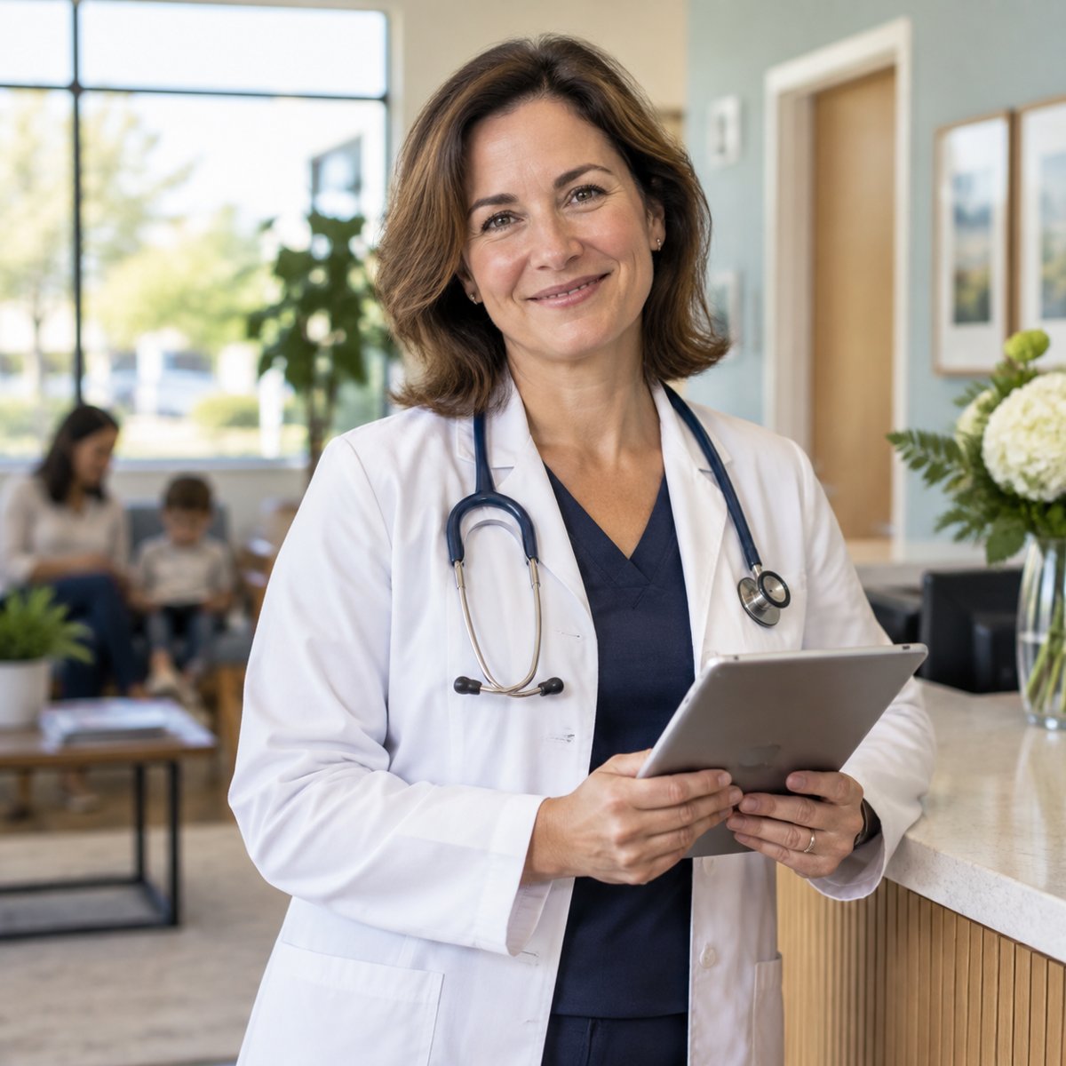 Physician in a white coat holding a tablet at the front desk of her practice