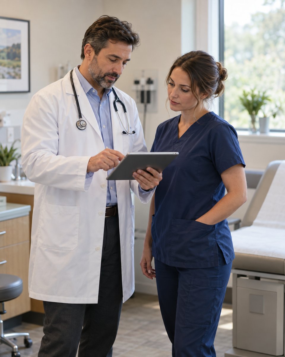Doctor and nurse reviewing a chart on a tablet in an exam room