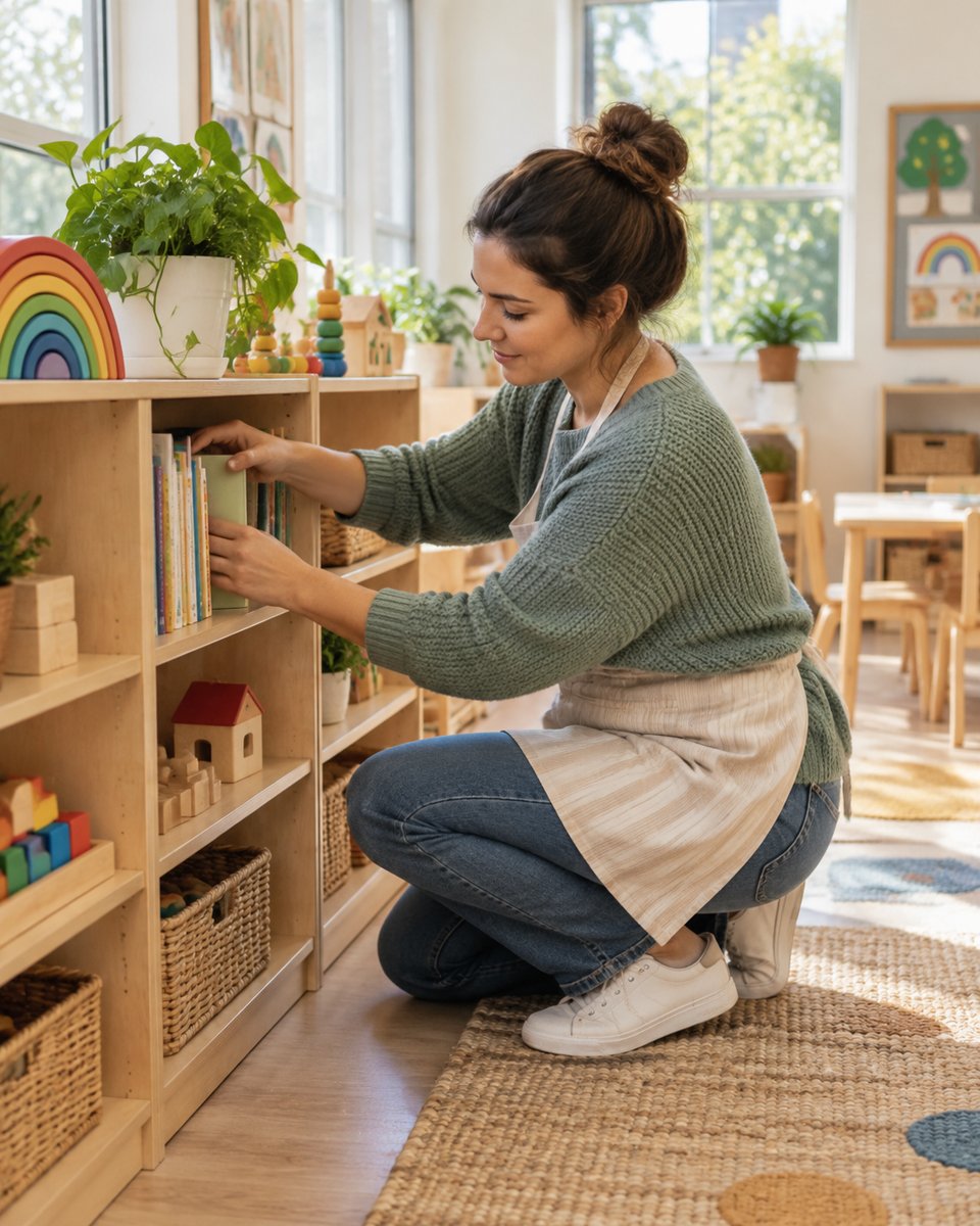 Maestra acomodando libros en los estantes del salón de clases