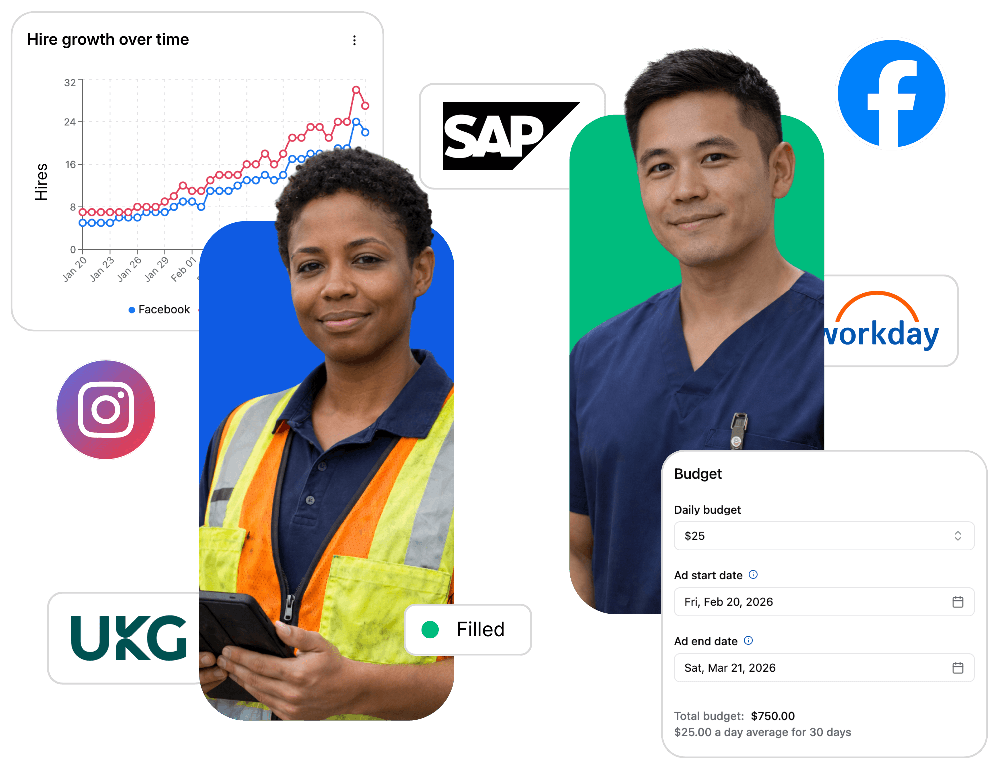 A Reelist job listing being displayed in the Facebook mobile app next to the job application form displayed within a phone