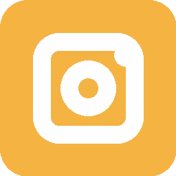 White Instagram logo on a rounded mustard yellow square background.