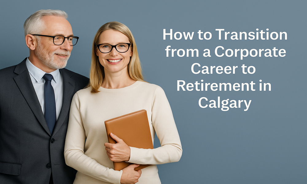 Financial advisor in Calgary with client and text: How to Transition from a Corporate Career to Retirement in Calgary