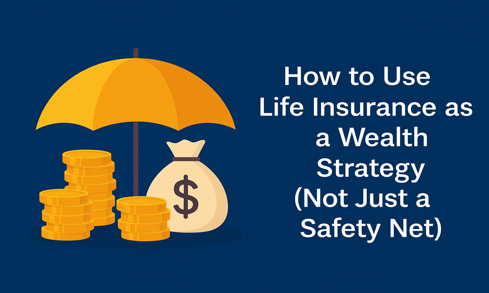 Money under umbrella with text: How to Use Life Insurance as a Wealth Strategy (Not Just a Safety Net)