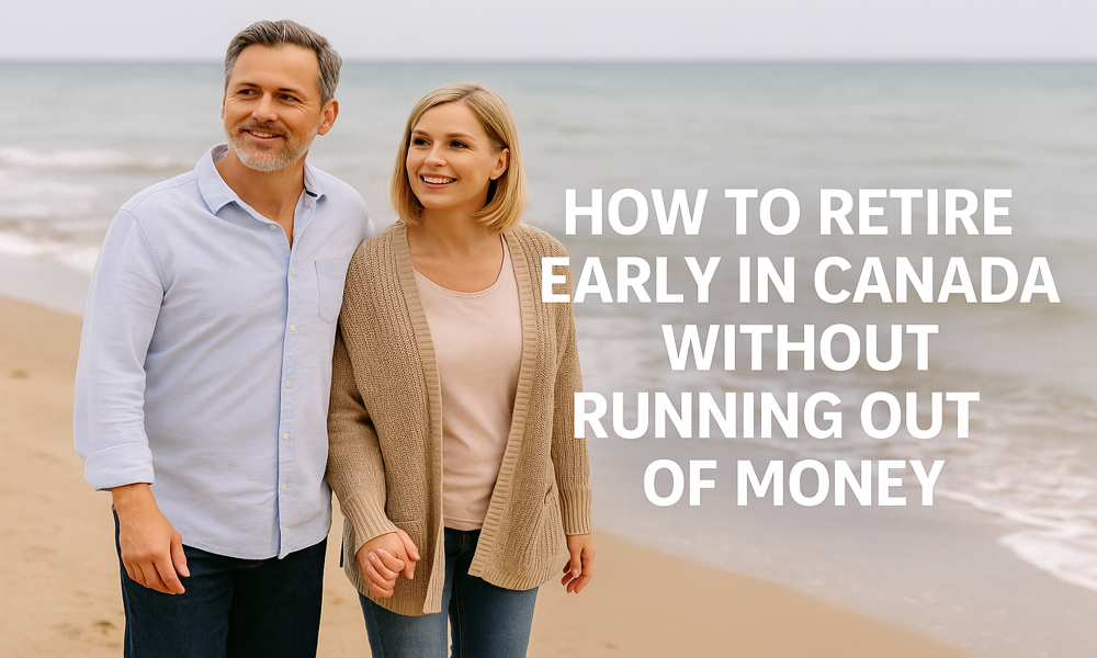 Calgary clients walking on beach with text: How to Retire Early in Canada Without Running Out of Money