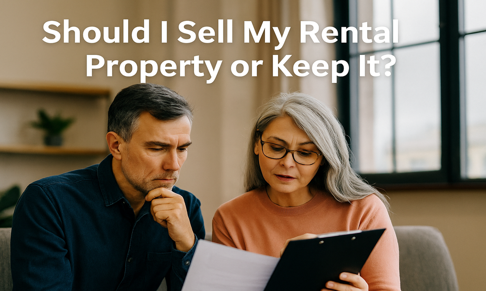 Calgary couple with text: Should I Sell My Rental Property or Keep It?