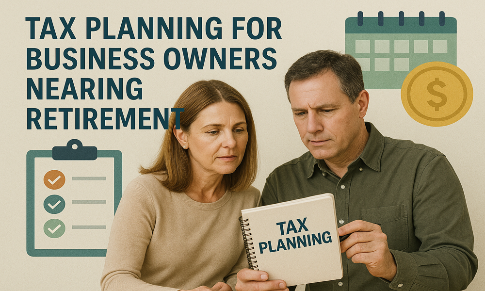 Calgary couple with text: Tax Planning for Business Owners Nearing Retirement