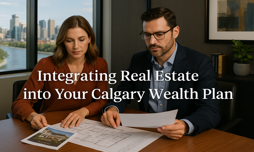 Calgary couple with text: Integrating Real Estate into Your Calgary Wealth Plan