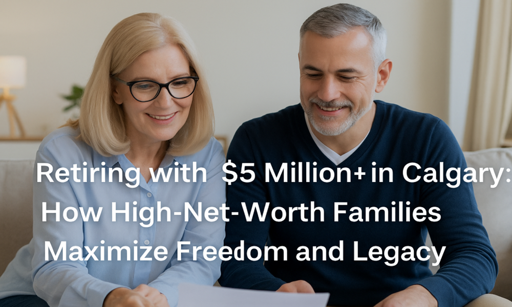 Calgary coupe looking at retiremet plan with text: Retiring with $5 Million+ in Calgary: How High-Net-Worth Families Maximize Freedom and Legacy