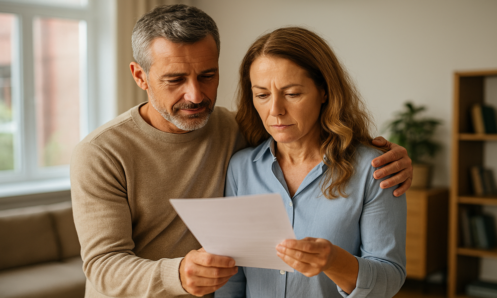 Calgary couple reviewing financial document