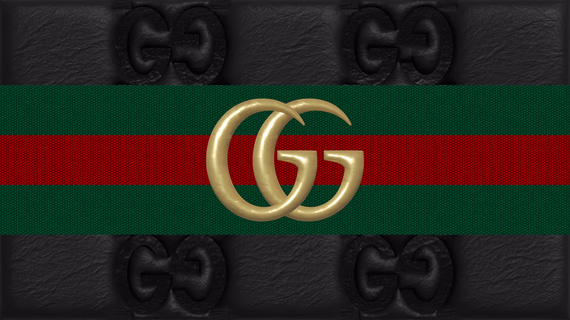 A large golden interlocking G logo prominently displayed over the red and green web stripe, layered on a textured black leather background.