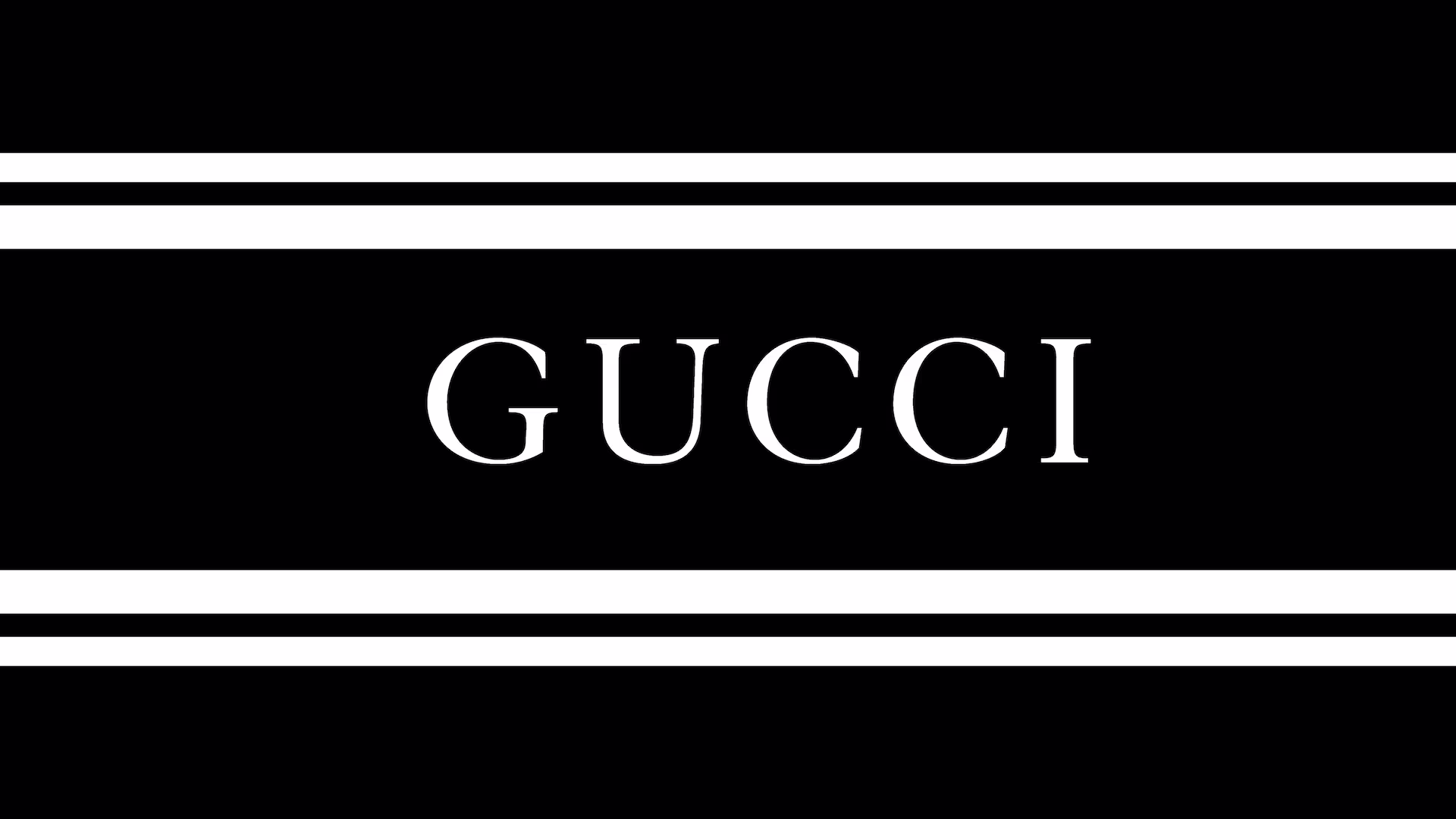 A Gucci logo in bold white text on a black background, bordered by white stripes for a classic luxury feel.