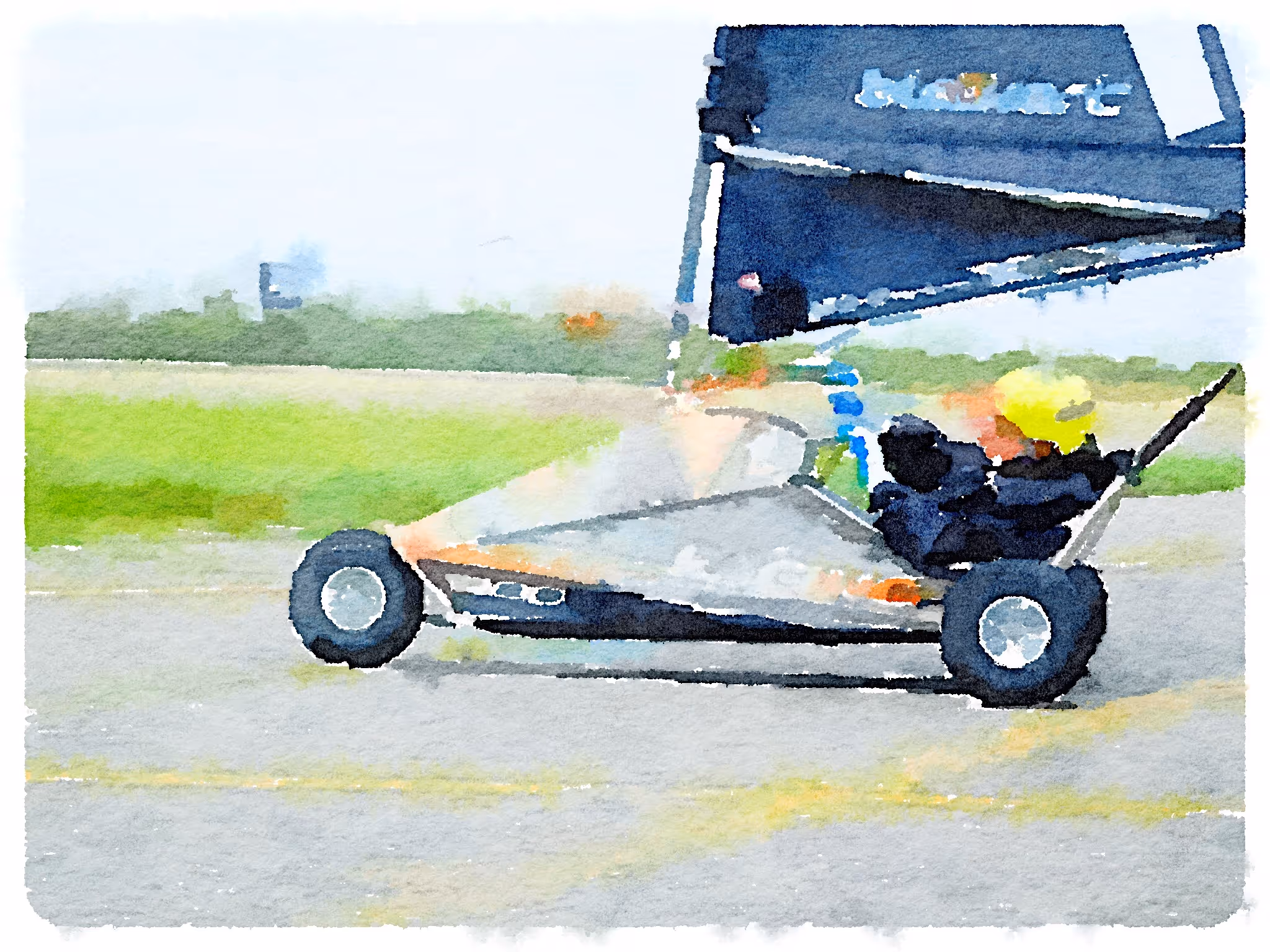 Watercolor painting of a racing go-kart on an outdoor track