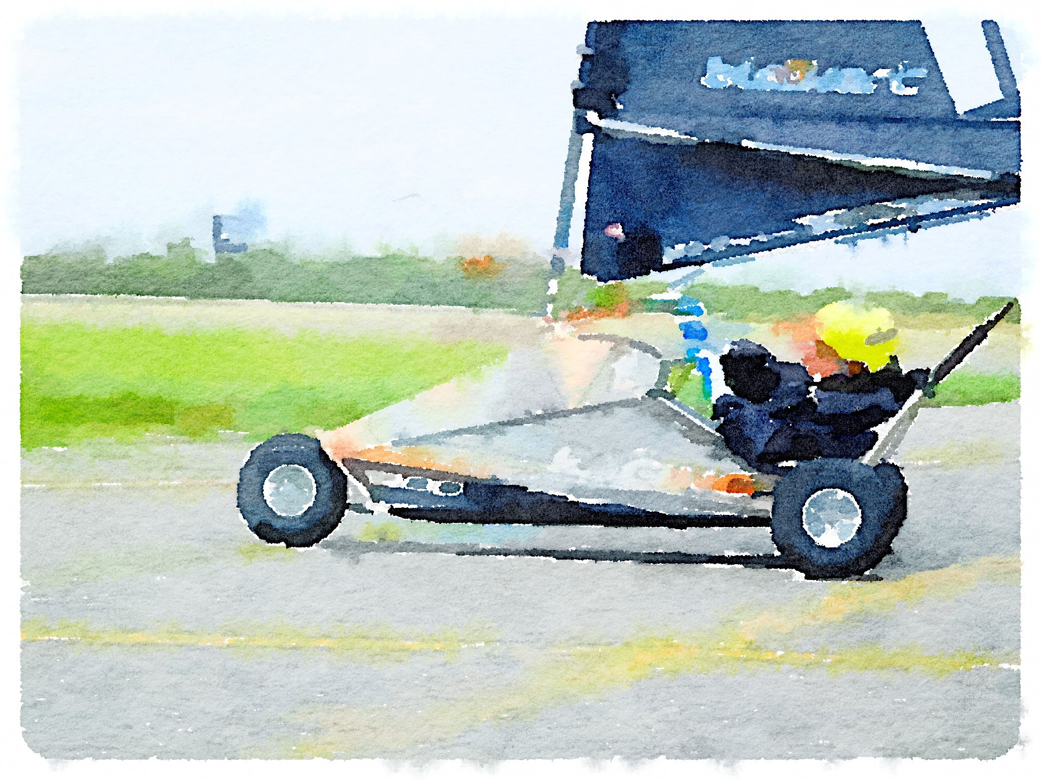 Watercolor painting of a racing go-kart on an outdoor track