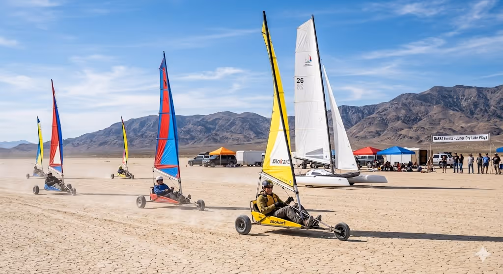 Brightly colored landsailing vessels, including yellow and blue Blokarts, race across the cracked surface of Jungo Dry Lake in Nevada. The sun-drenched playa is framed by rugged mountains under a clear blue sky, with event tents and a "NABSA Events" sig