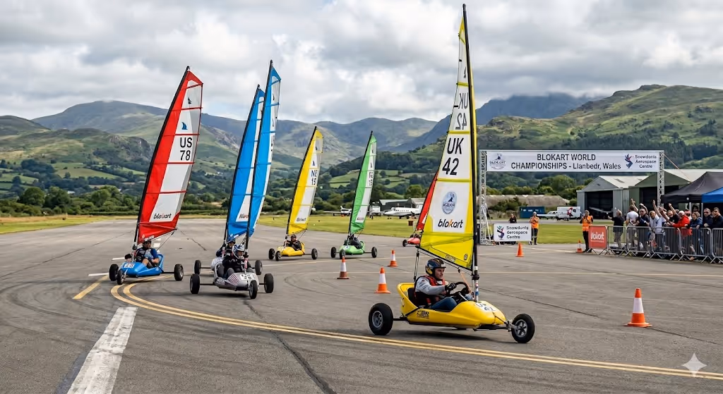 Five colorful blokarts with international sails (representing the UK, US, and New Zealand) lean into a sharp turn on the tarmac runway at Llanbedr, Wales.